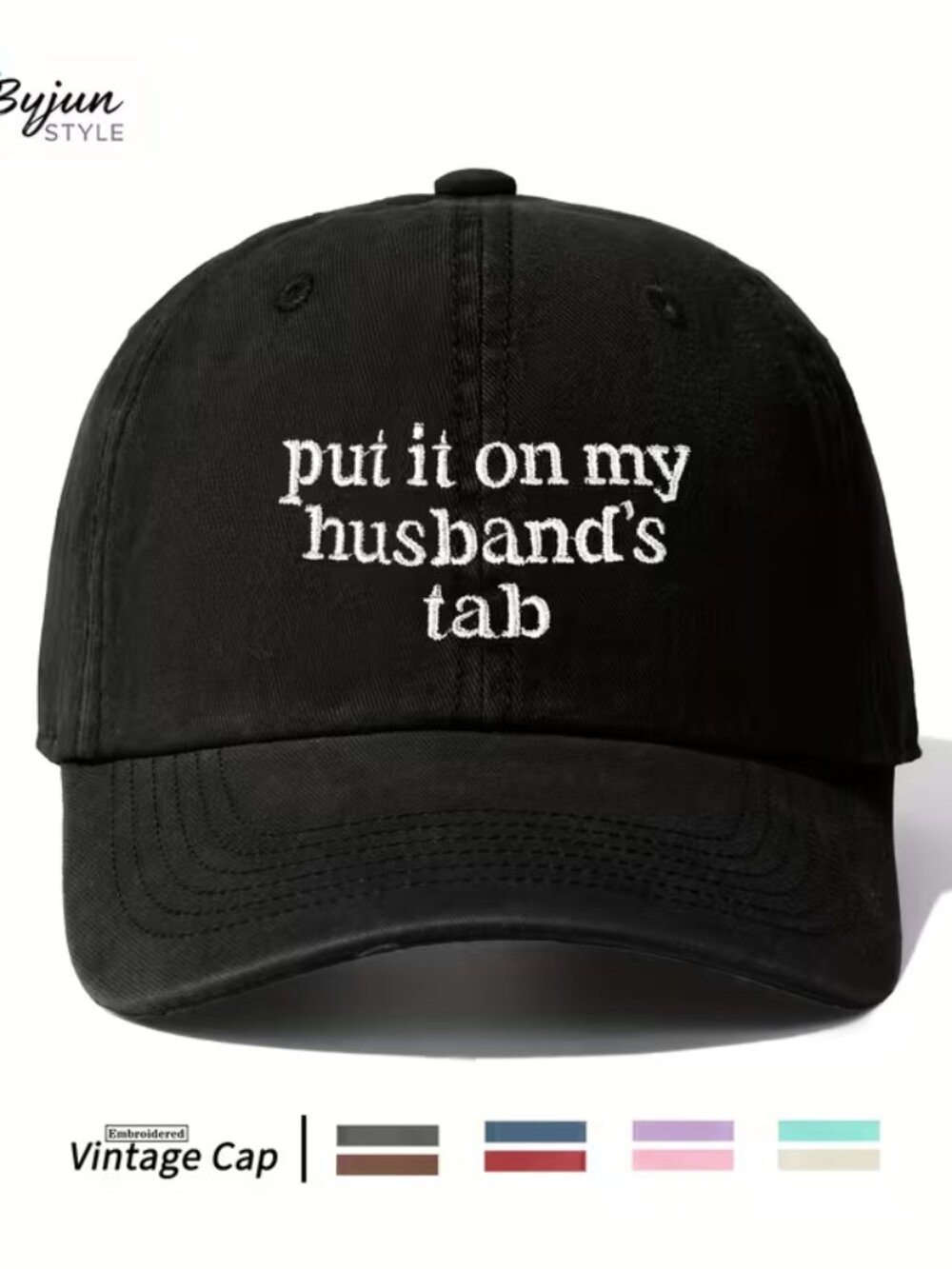 “PUT IT ON MY HUSBAND’S TAB” Black & White Embroidered Baseball Hat BRAND-NEW